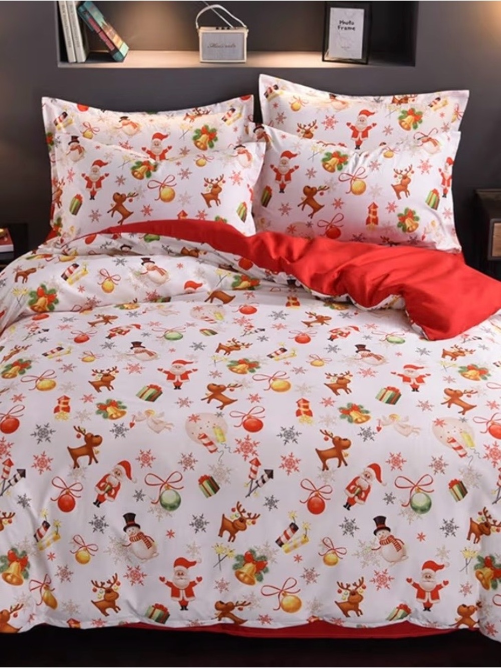 Christmas Santa & Reindeer Holiday Duvet Cover Set - Red & White